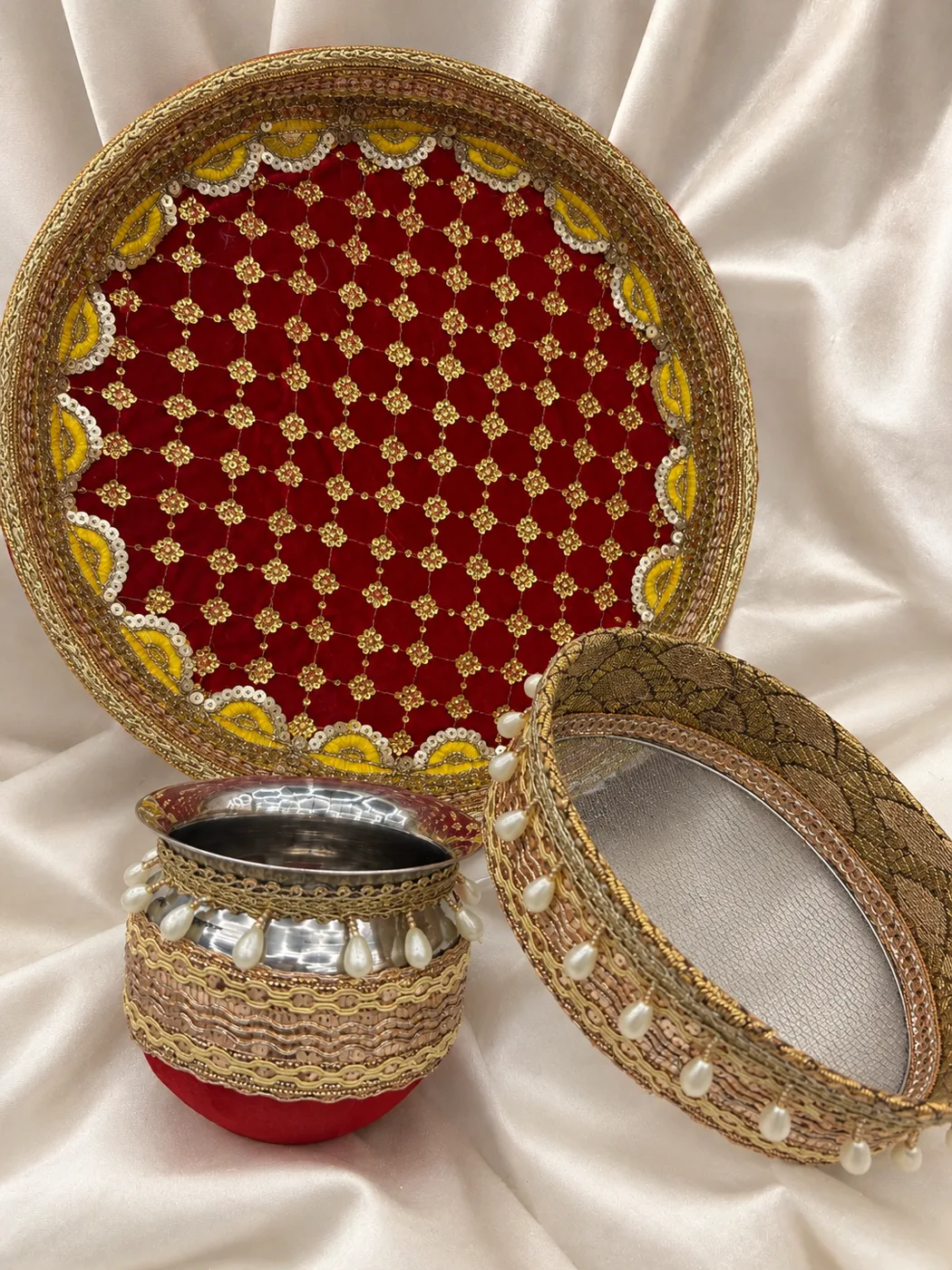 Traditional Red & Gold Karwa Chauth Thali Set