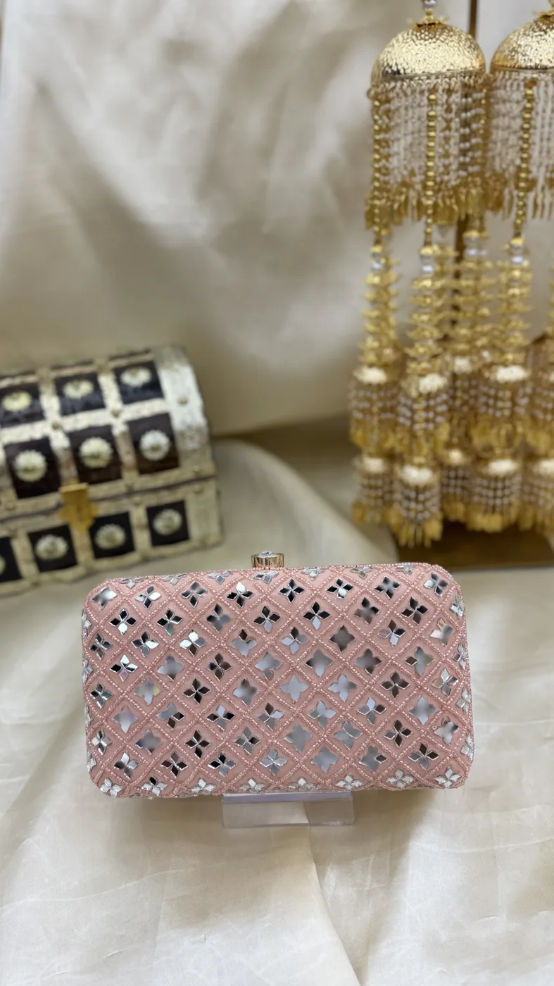 Blush Pink Diamond Lattice Mirror Work Clutch