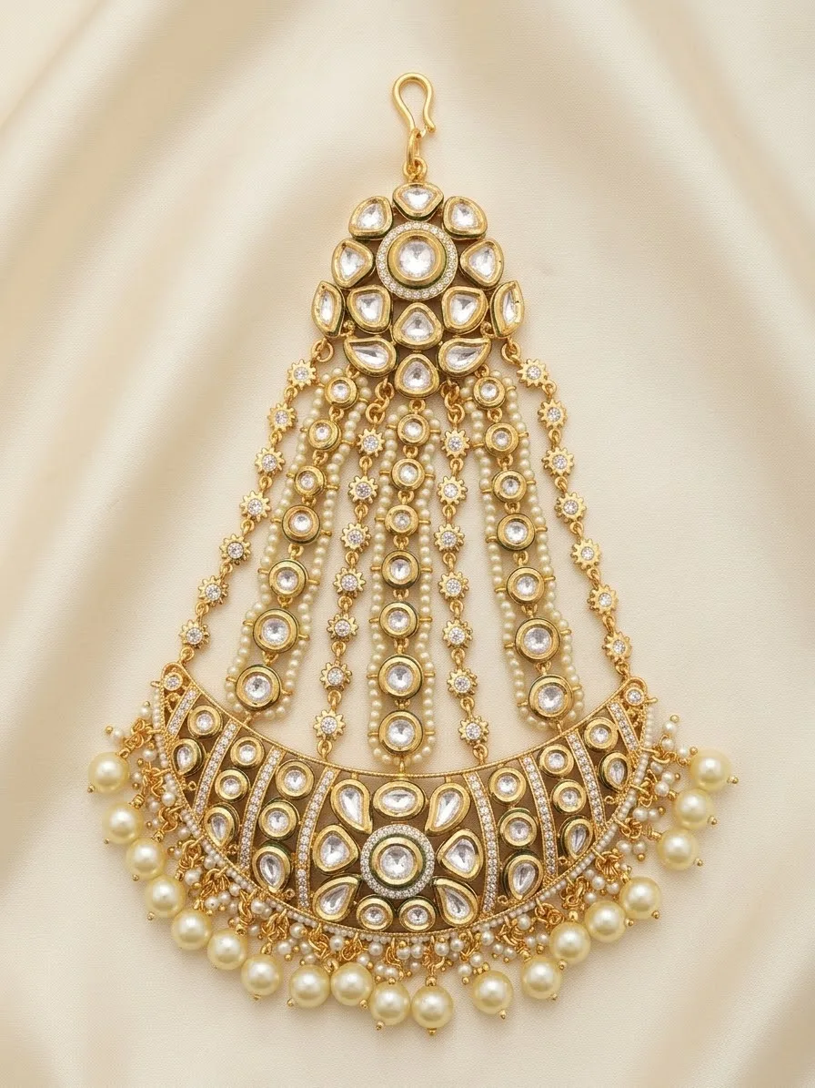 White Pachi-Kundan Passa with Pearl Drops