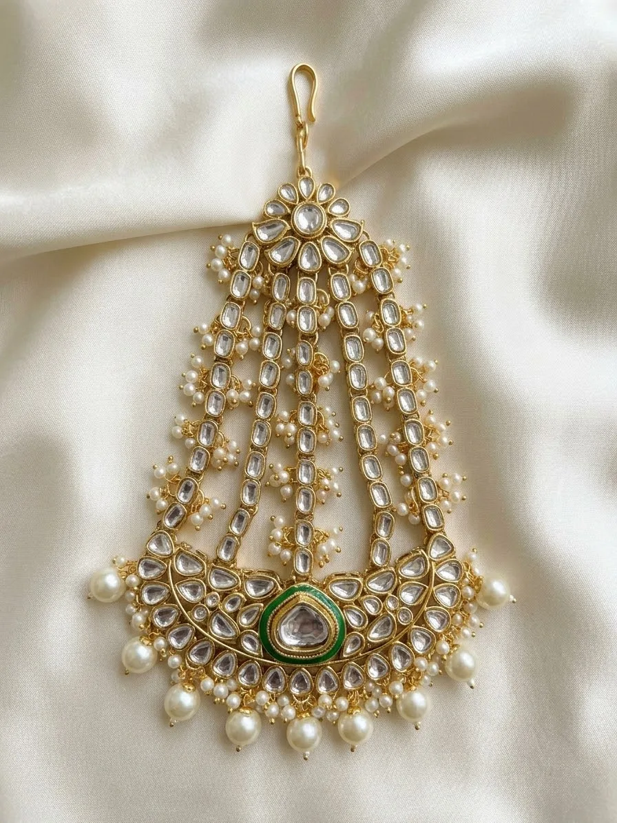 Kundan Passa with Green Enamel Centre & Pearl Drops