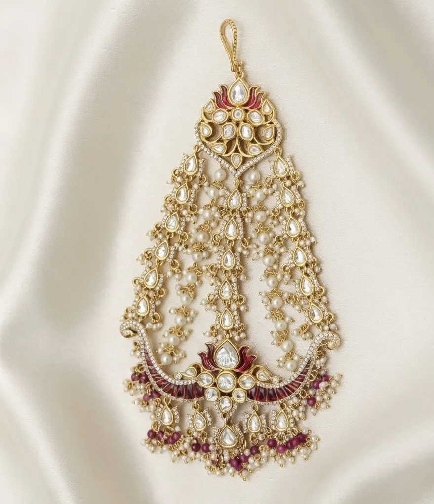 Pachi-Kundan Passa with Ruby Red Stones & Pearl Drops