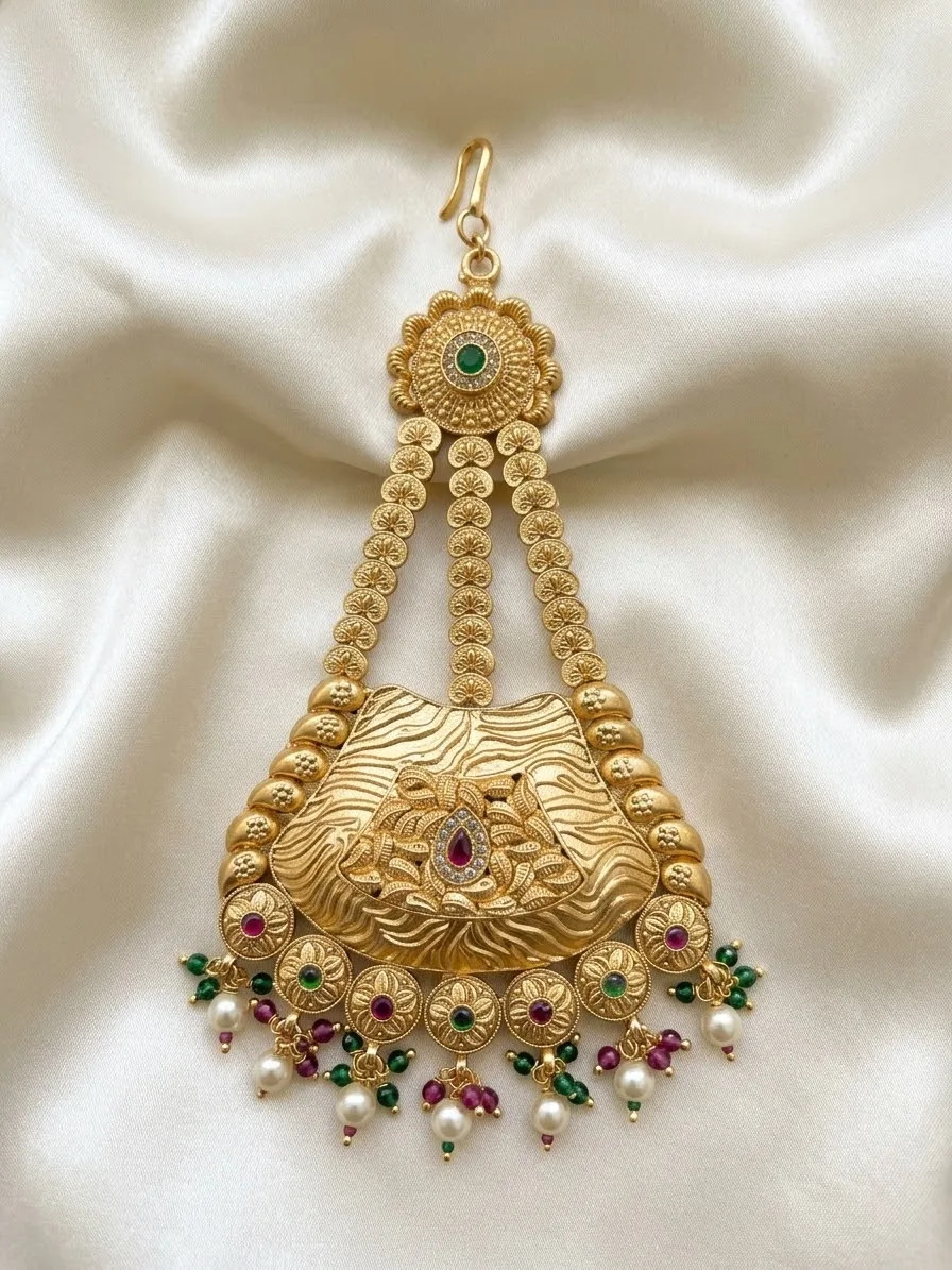 Antique-Gold Textured Passa with Ruby & Green Stones