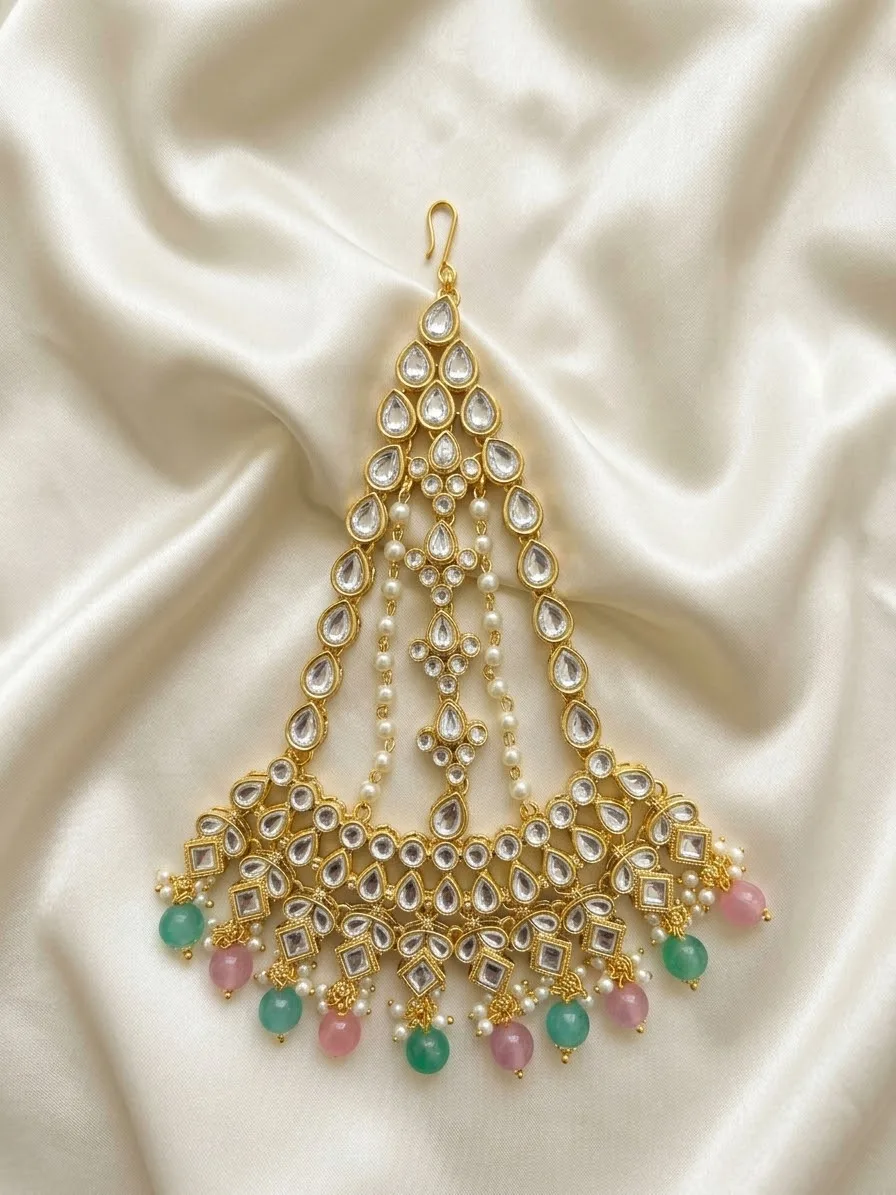 Kundan Passa with Pink & Mint Bead Drops