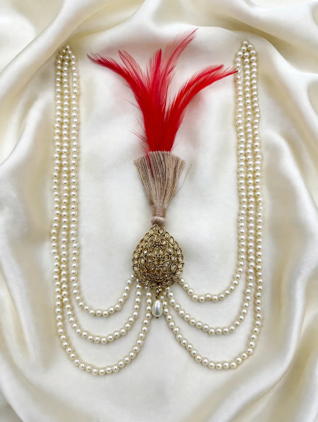 Red-feather pearl mala polki groom kalgi