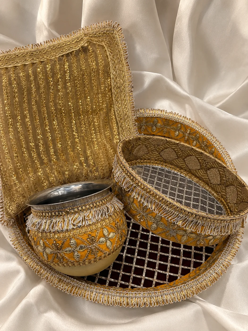 Gold Embroidered Karwa Chauth Puja Thali with Rumaal