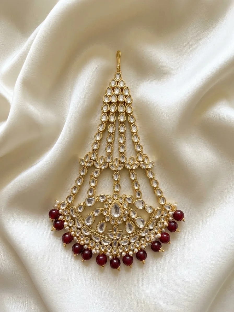 Kundan Passa with Maroon Bead Drops