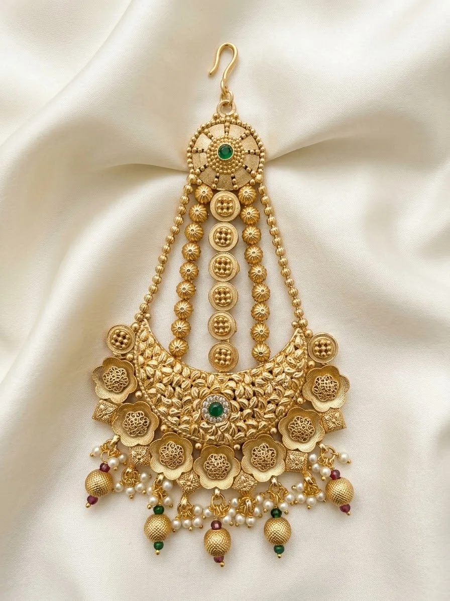 Antique Gold Crescent Passa with Green Stones
