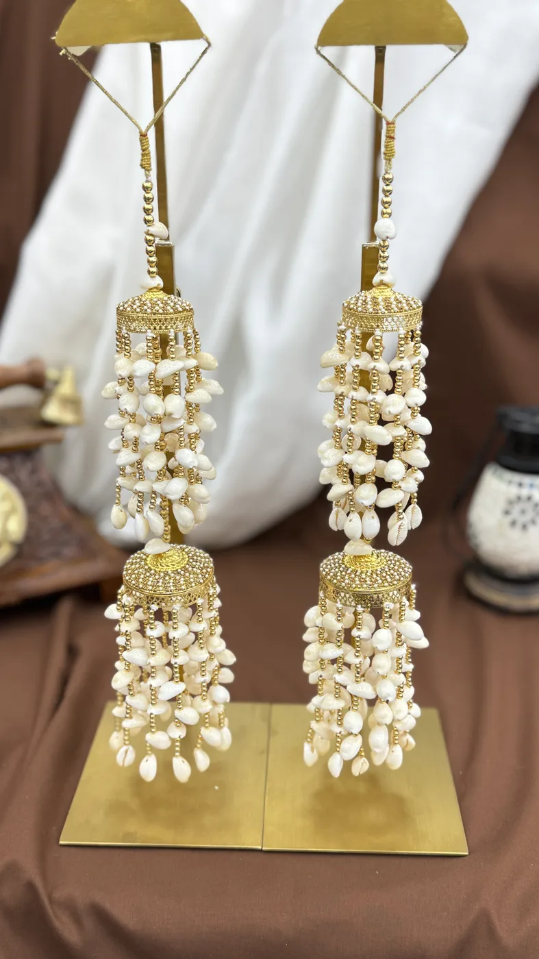 Modern Two-Tier Cowrie Shell (Kauri) Bridal Kaleera with Gold Bead Strands