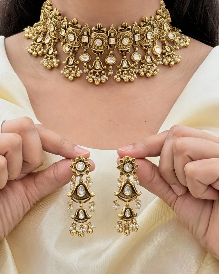 Luxurious gold-plated antique finish statement choker necklace and long dangle earrings set with pearl accents — antique gold choker set Calgary