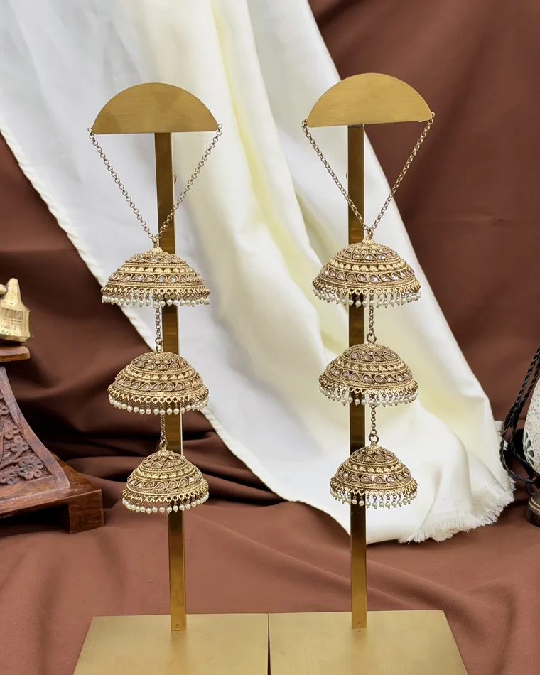 Antique gold polki 3-tier bridal kaleere set with tiny pearl edging — bridal kalire Calgary