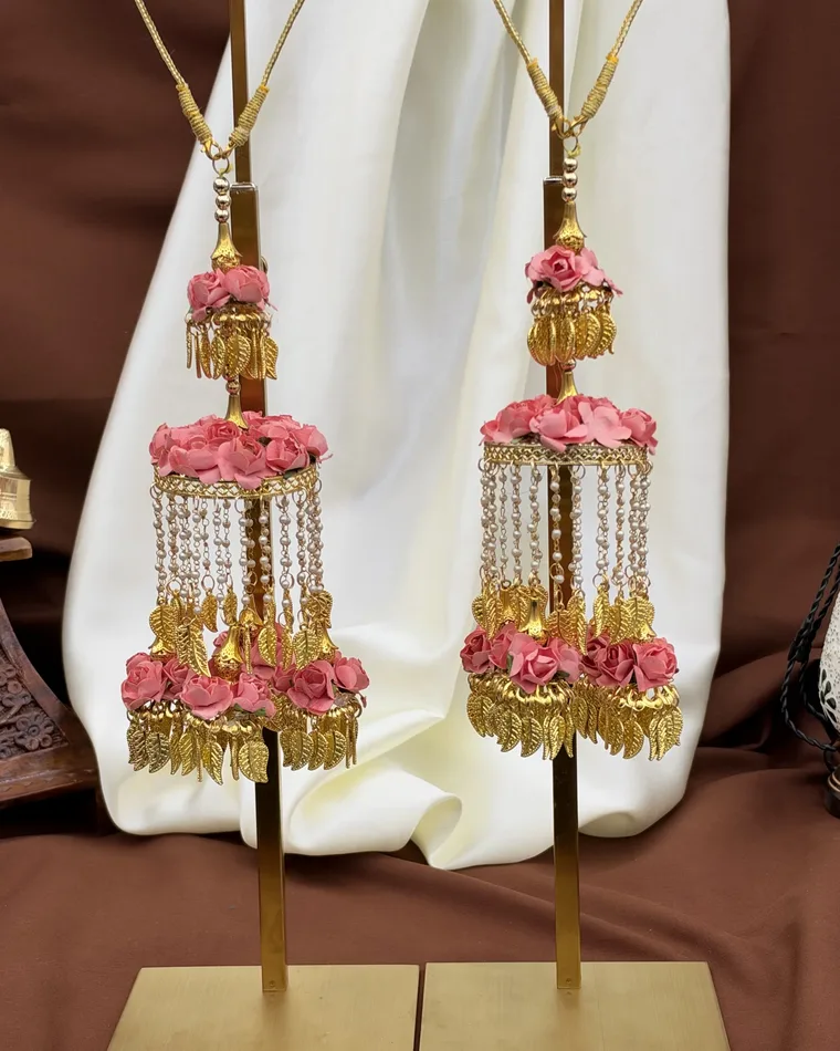 Blush pink floral bridal kaleera set with gold leaf jhumkis and pearl strands — bridal kalire Calgary