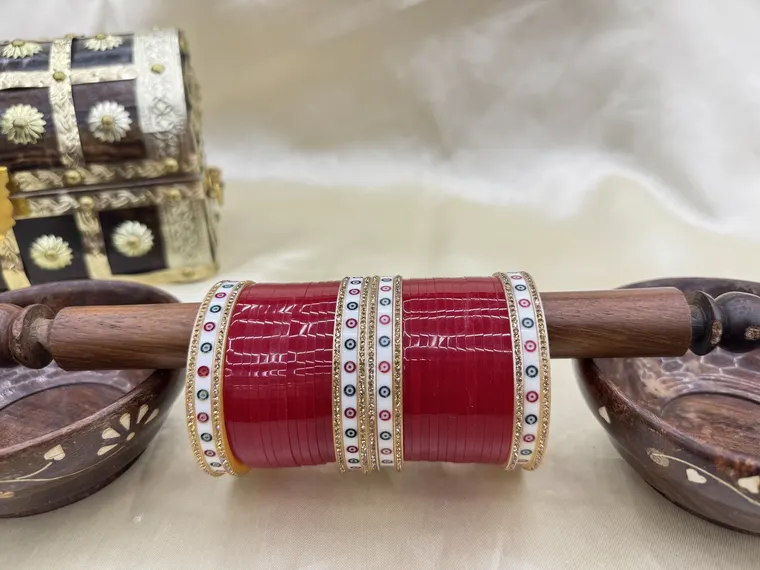 Bright red plastic chooda set with CZ stone border bangles, sizes 2.4 to 2.10 — bridal chooda Calgary