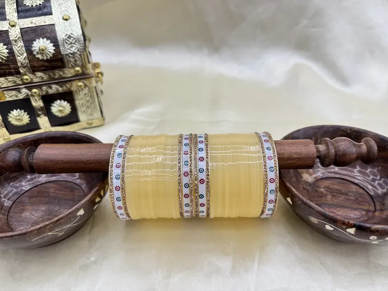 Cream plastic chooda set with CZ stone border bangles, sizes 2.4 to 2.8 — bridal chooda Calgary