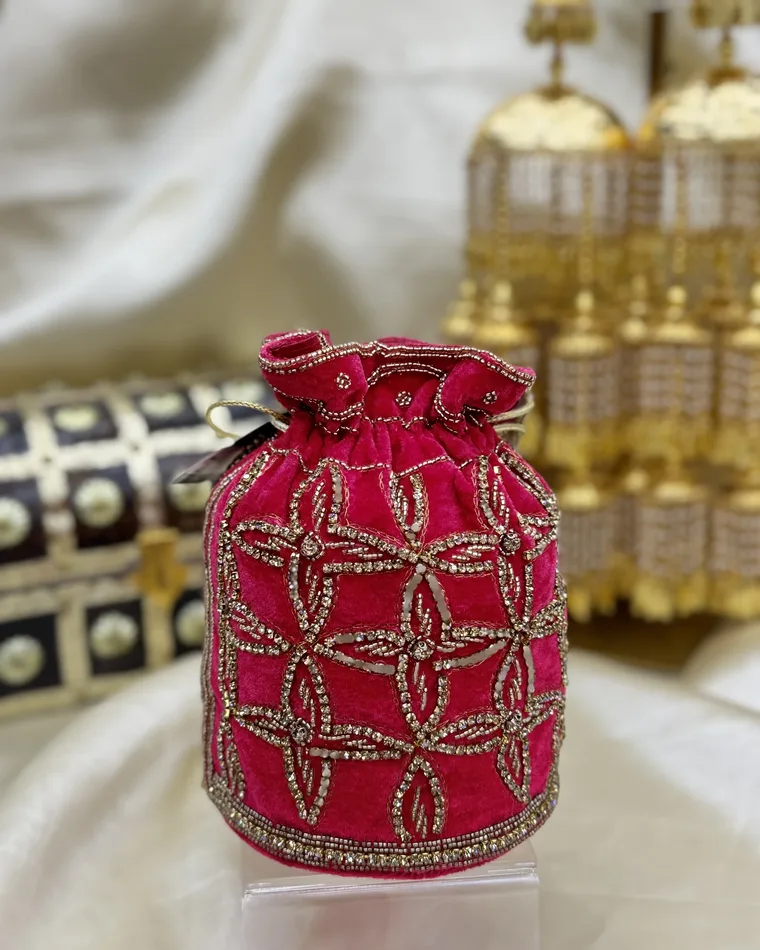Fuchsia pink velvet potli bag with gold zardozi geometric embroidery — Indian wedding potli Calgary