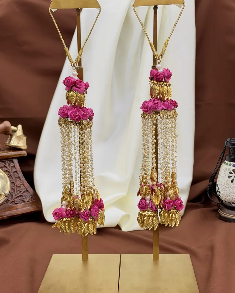 Hot pink floral bridal kaleera set with gold leaf charms and cascading pearl strands — bridal kalire Calgary