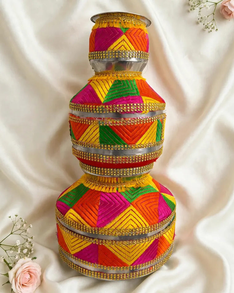 Traditional red and gold sequin jaggo with LED lights for rent at Patiala Fashion Calgary