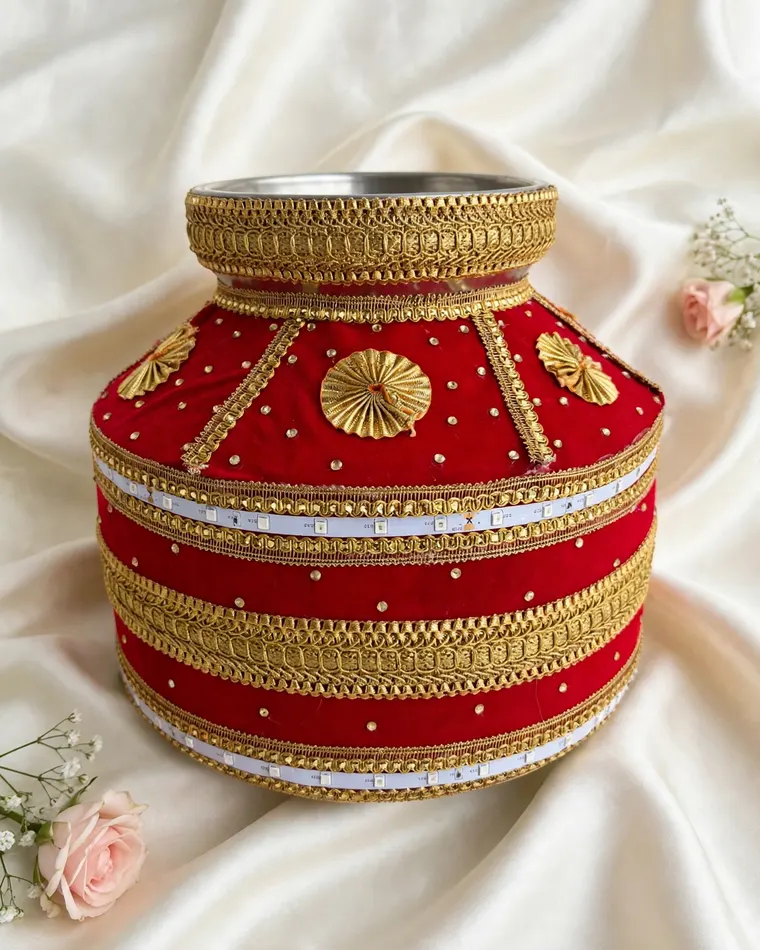 Traditional red and gold jaggo with button motifs and LED lights for rent in Calgary