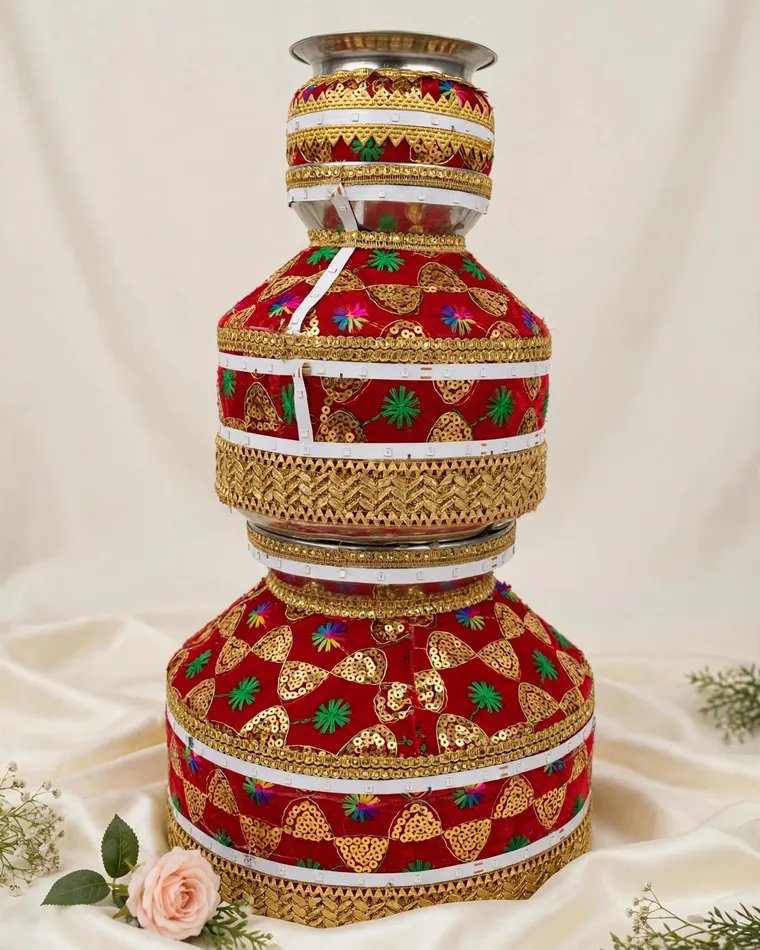 Traditional red and gold sequin jaggo with LED lights for rent at Patiala Fashion Calgary