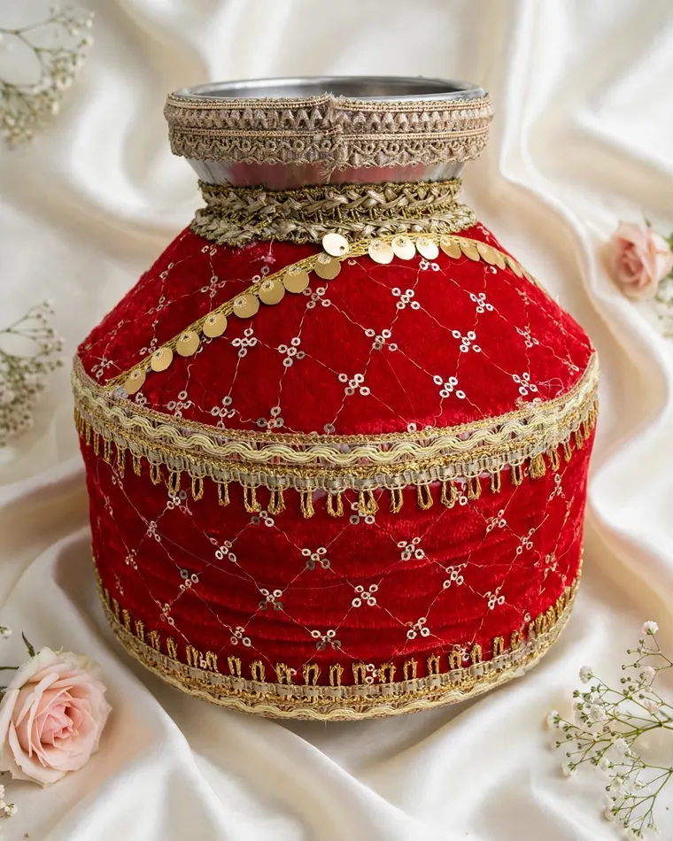 Classic red velvet jaggo with criss-cross embroidery and LED lights for rent in Calgary