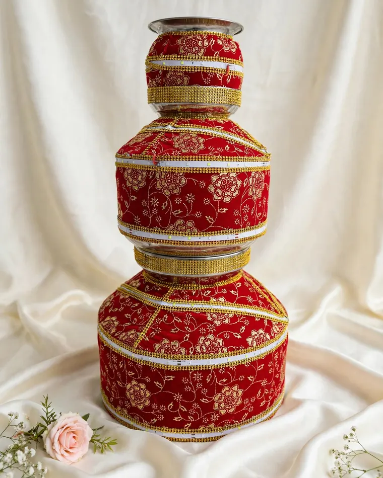 Regal red velvet jaggo with gold floral embroidery and LED lights for rent in Calgary