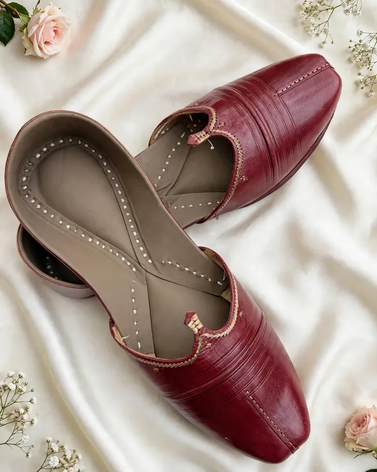 Maroon paneled leather men's jutti with stitched detailing