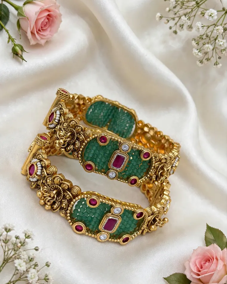 Antique gold finish green stone bangle set with ruby accents