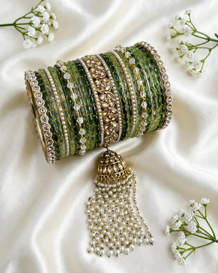 Dark green metal bangles with pearl bunch hanging and polki kade, size 2.6 — bridal kade bangles Calgary