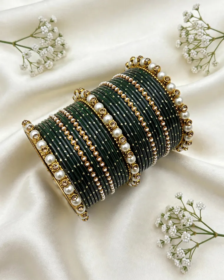 Emerald green metal bangles with pearl and stone kade edges, size 2.6 — bridal kade bangles Calgary