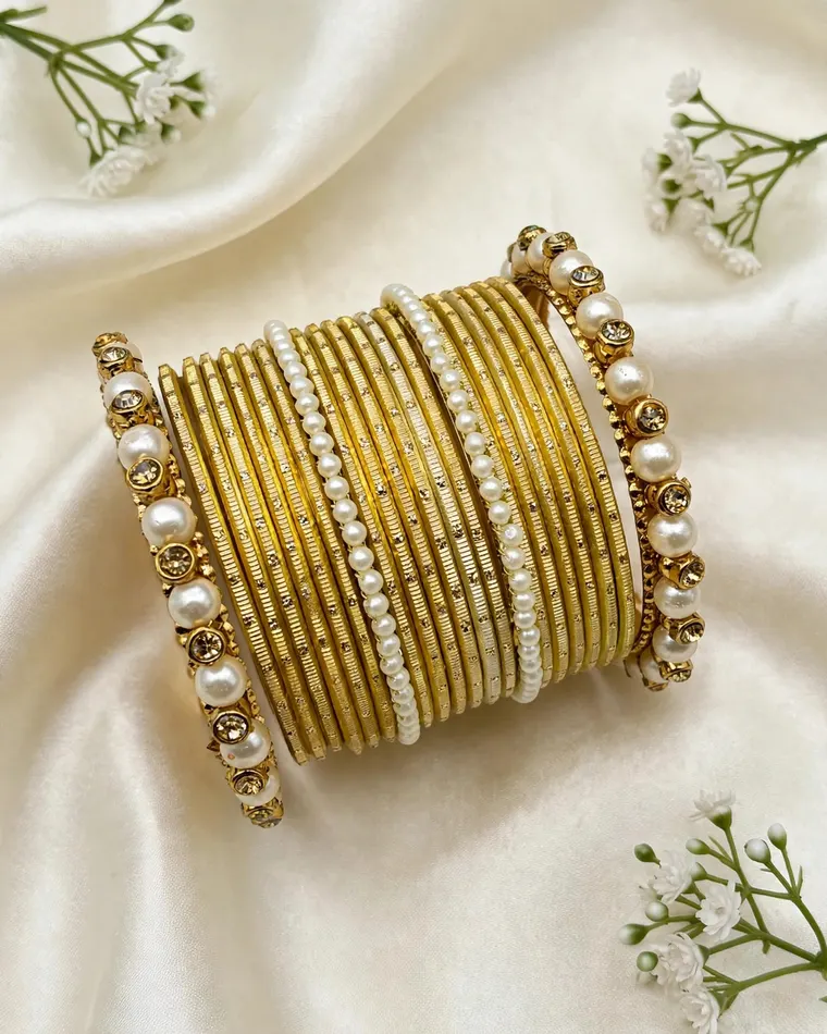 Gold-plated metal bangle stack with pearl and stone kade, size 2.6 — bridal kade bangles Calgary