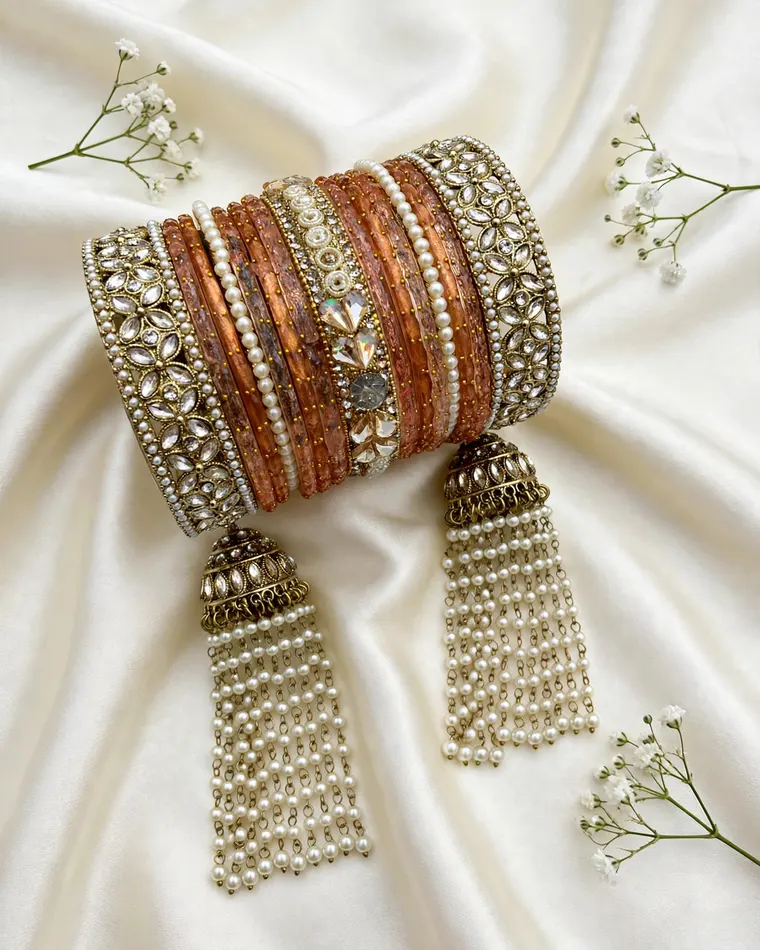Peach orange metal bangles with pearl tassels and polki kade edges, size 2.6 — bridal kade bangles Calgary