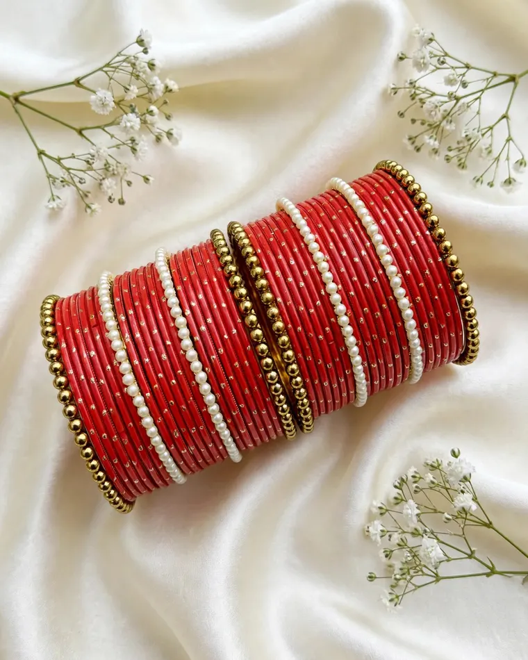 Traditional red and gold metal bangles set with pearl accents, size 2.6 — bridal kade bangles Calgary