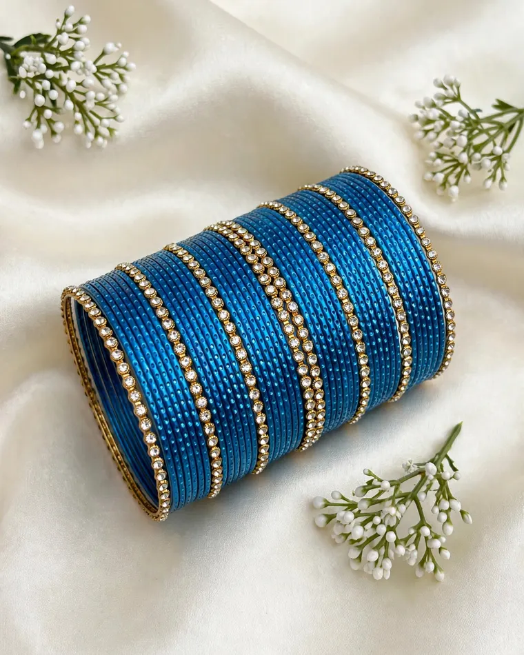 Royal blue crystal metal bangles set with crystal strips, size 2.8 — bridal kade bangles Calgary