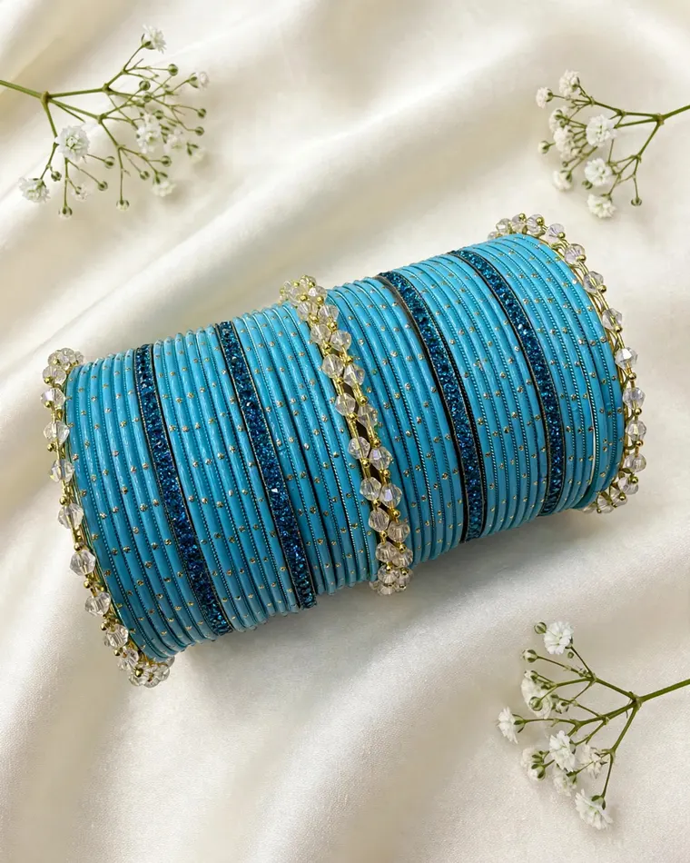 Sky blue crystal and pearl metal bangles set, size 2.8 — bridal kade bangles Calgary