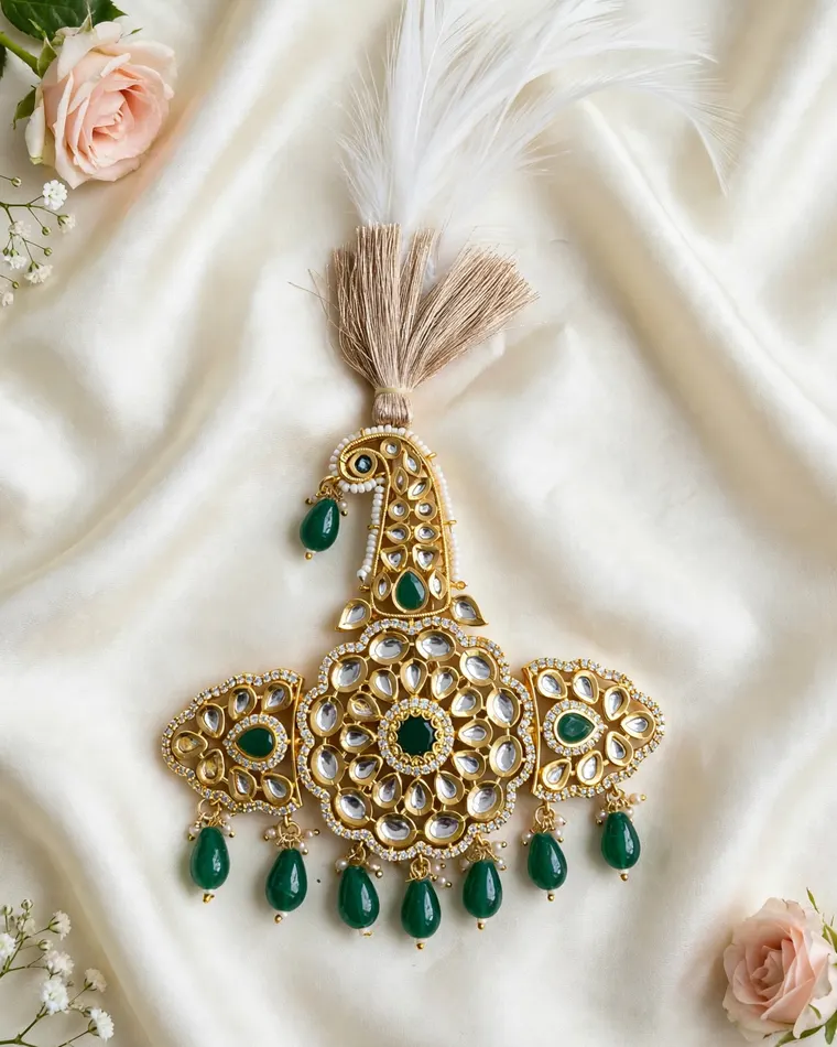 Emerald green stone and kundan groom turban kalgi with white feather