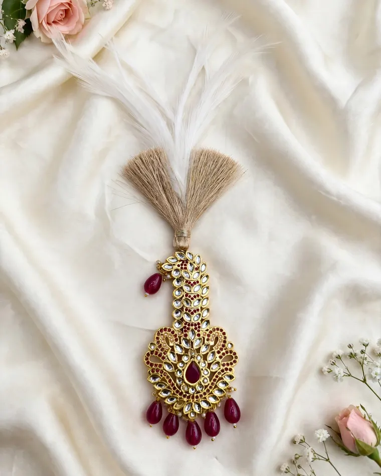 Ruby red stone and kundan groom turban kalgi with white feather plume