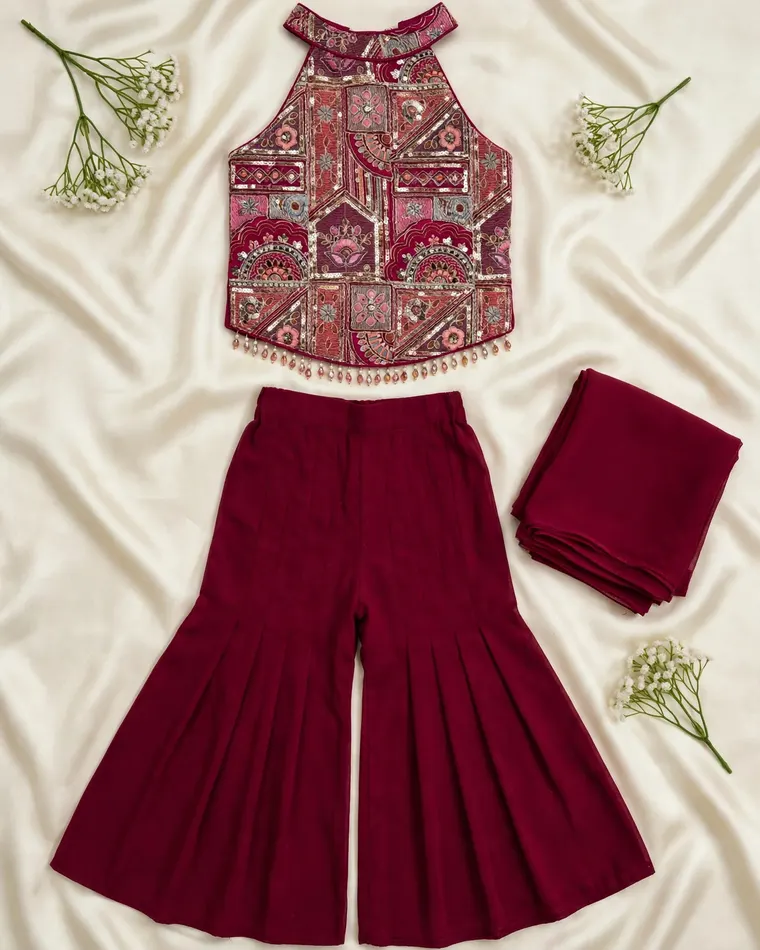 Maroon halter neck sequin embroidered kurti with pleated sharara for kids at Patiala Fashion Calgary