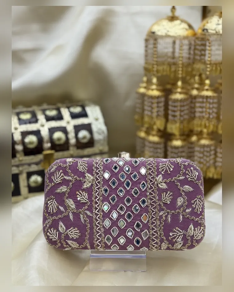 Lavender lilac mirror work embroidered clutch purse with gold vine zardozi — Indian wedding clutch Calgary