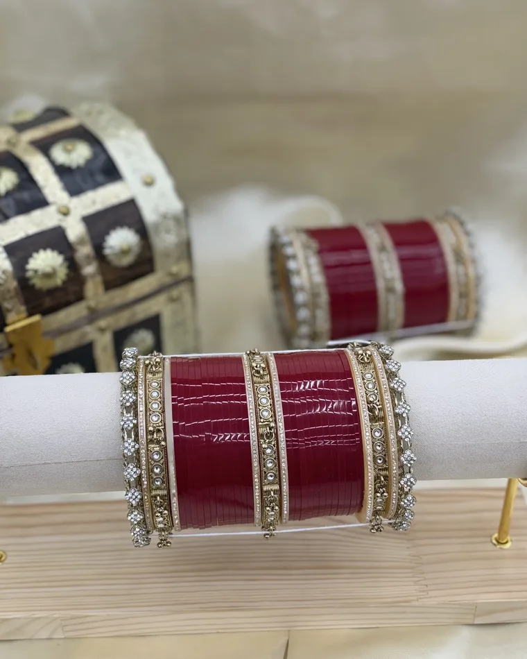 Maroon bridal chooda set with antique gold kadas and CZ diamond border bangles, sizes 2.2 to 2.10 — bridal chooda Calgary