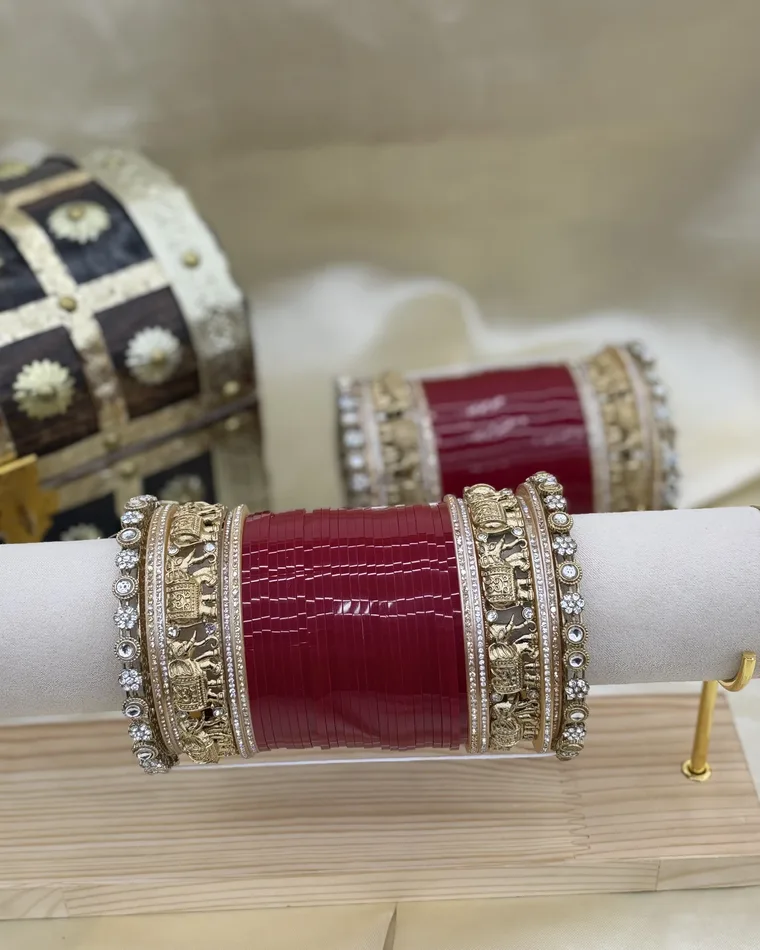 Maroon bridal chooda set with antique gold elephant and doli procession kadas, sizes 2.4 to 2.8 — bridal chooda Calgary