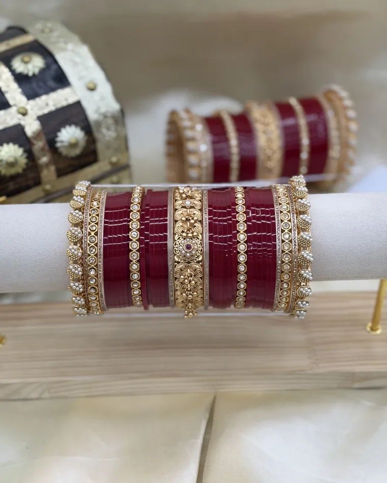 Maroon bridal chooda set with gold filigree floral kadas and pearl border bangles, size 2.6 — bridal chooda Calgary