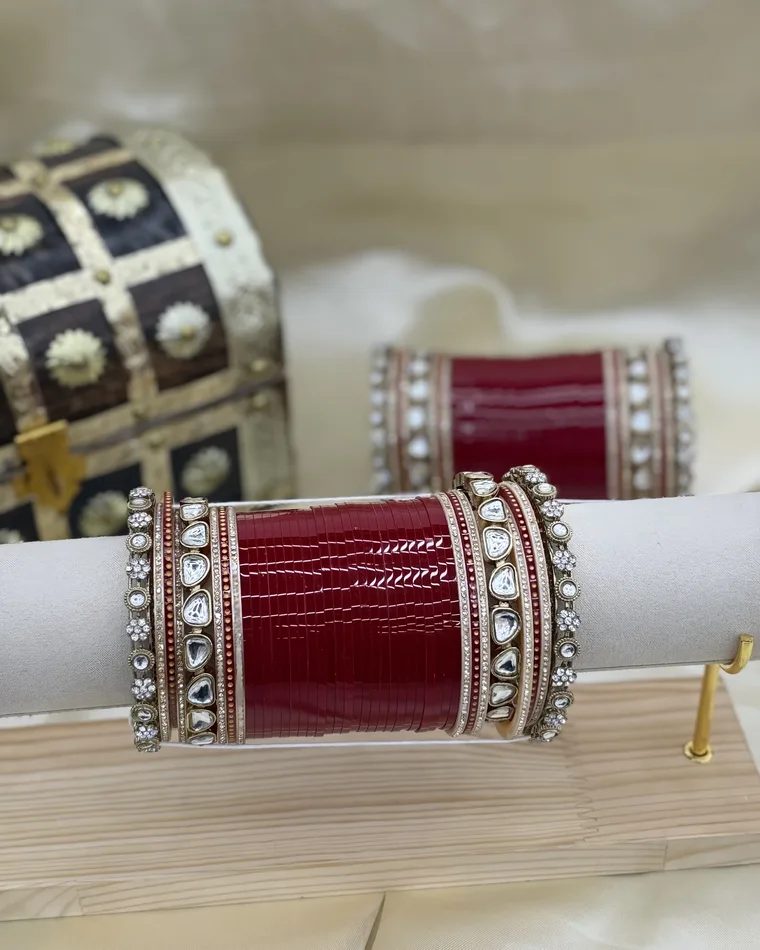 Maroon bridal chooda set with kundan polki kadas, sizes 2.6 and 2.8 — bridal chooda Calgary