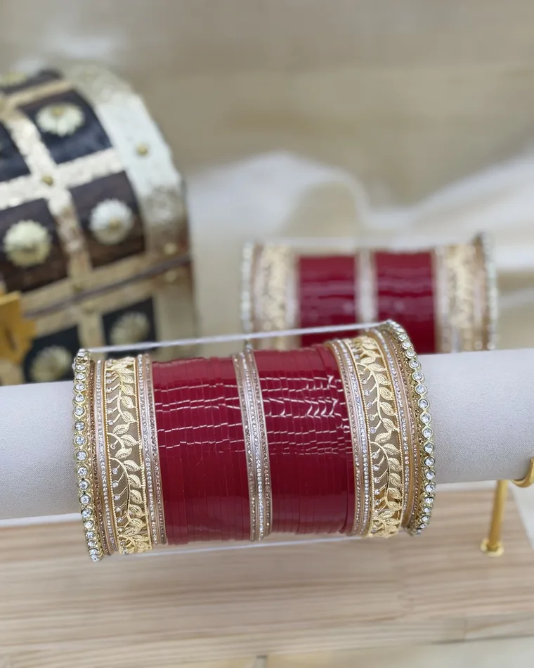 Maroon bridal chooda set with gold leaf engraved kadas and CZ crystal borders, sizes 2.6 to 2.10 — bridal chooda Calgary