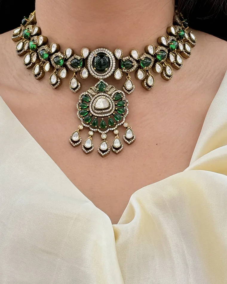 Emerald green moissanite statement choker necklace set