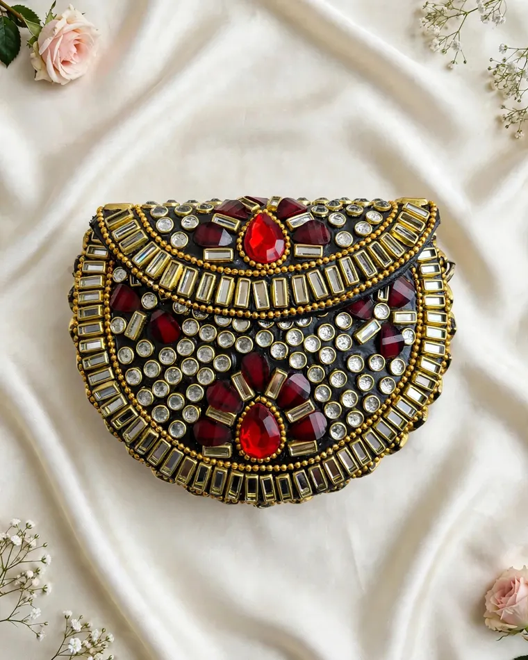 Black and maroon kundan embellished traditional mini metal clutch — clutch Calgary