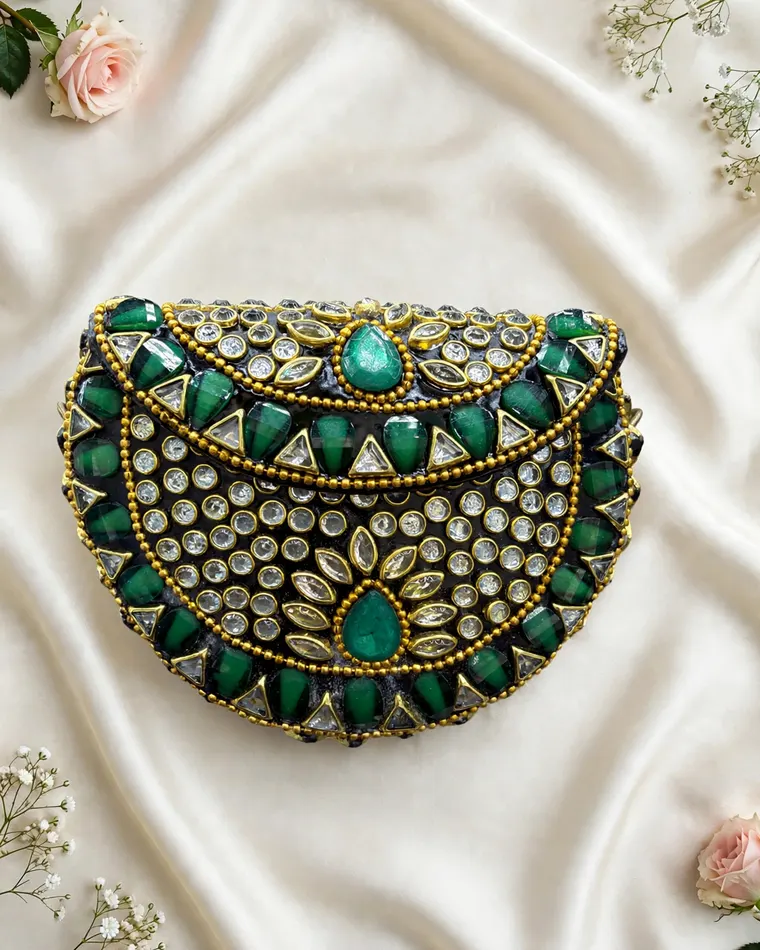 Dark green stone studded traditional kundan mini metal clutch — clutch Calgary