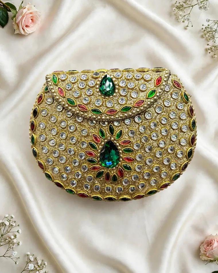 Gold plated emerald and ruby stone bridal mini metal clutch — bridal clutch Calgary