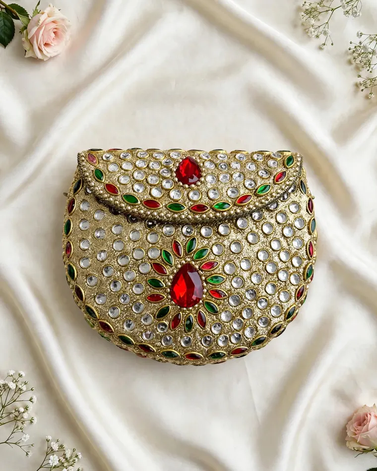 Gold polished kundan and ruby stone handcrafted mini metal clutch — clutch Calgary