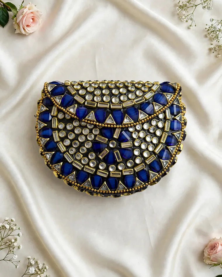 Royal blue stone work ethnic mini metal clutch — clutch Calgary