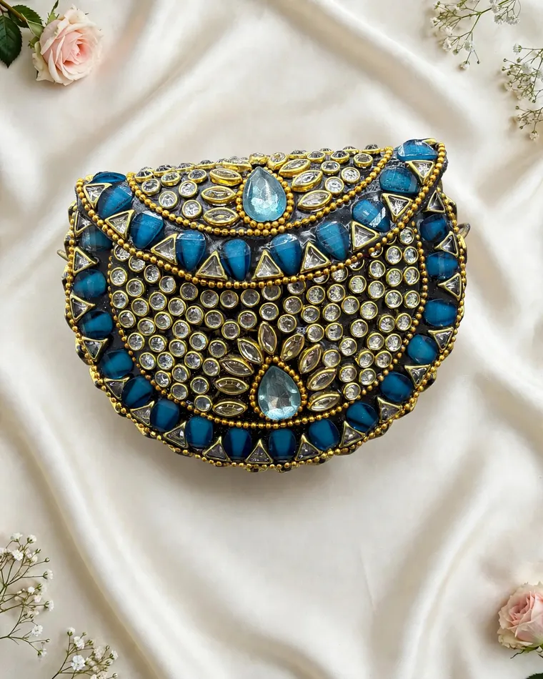 Turquoise blue kundan stone designer mini metal clutch — clutch Calgary