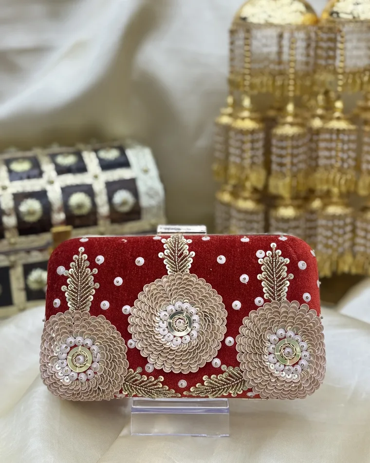 Red velvet sequined floral clutch bag with silver sequin flowers and zardozi vine embroidery — Indian wedding clutch Calgary